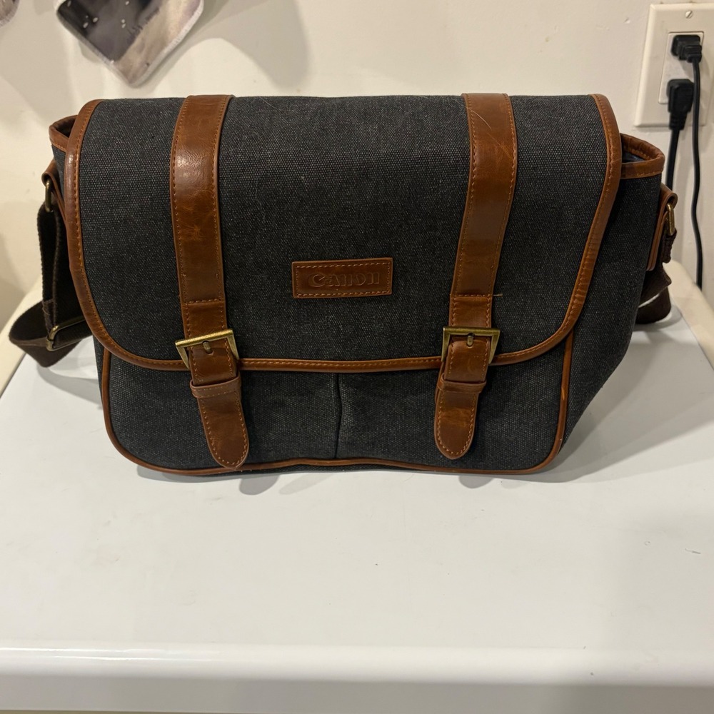 Canon Vintage Style Camera Messenger Bag Gray Canvas Brown Leather Trim DSLR